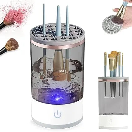 3-in-1 electric makeup brush cleaner machine with rotating brushes and cleaning mat.