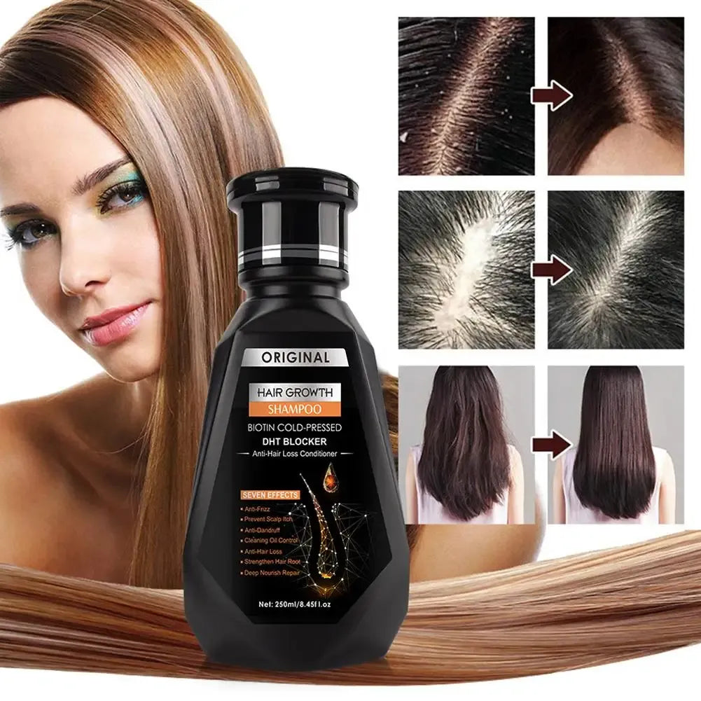 Biotin DHT blocker shampoo with cold pressed formula for hair loss treatment and scalp health improvement.
