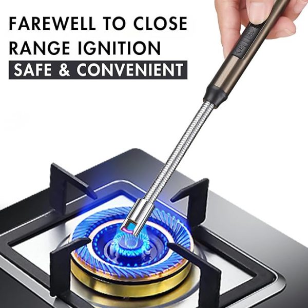 A USB rechargeable arc lighter with a blue electric arc, shown lighting a gas stove.