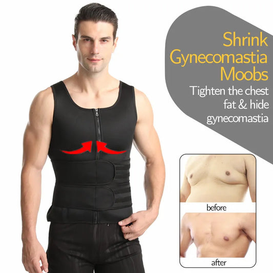 Black men's neoprene body shaper vest for waist training and slimming.