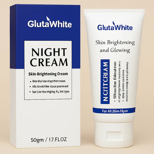 Gluta White Night Cream jar for skin brightening and anti-aging.