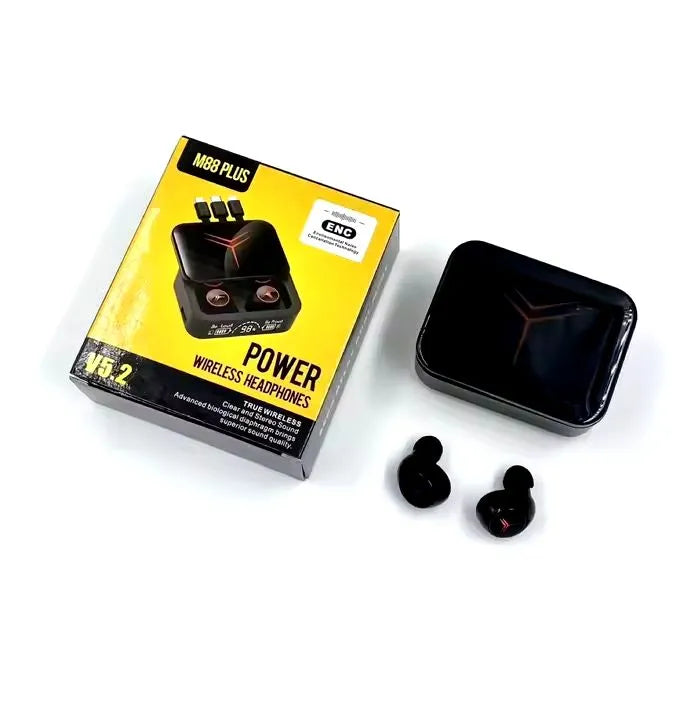 M88 Plus TWS wireless earbuds with LED display charging case, 120-hour battery life, Bluetooth 5.1, and 9D stereo Hi-Fi sound for music and gaming.