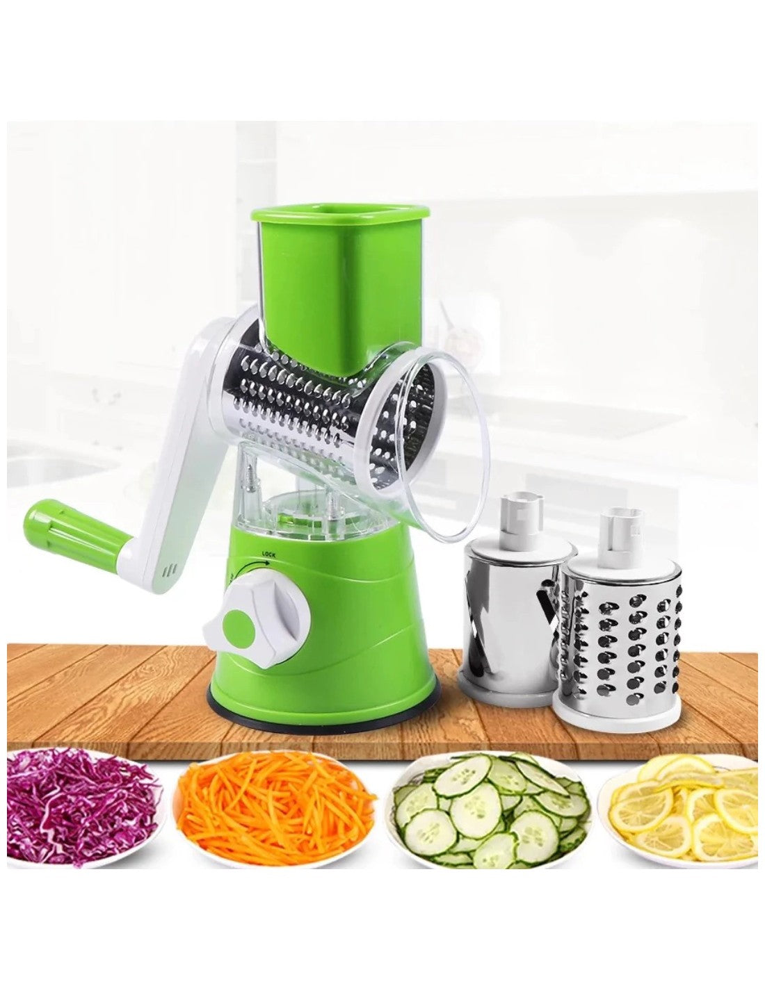 Manual drum vegetable cutter slicer with suction base and multiple blades.