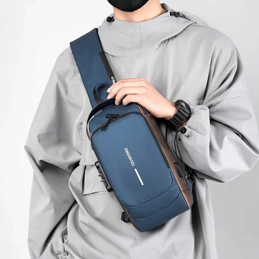 Men's anti-theft crossbody sling bag with USB charging port, combination lock, and multiple compartments for gym and travel.