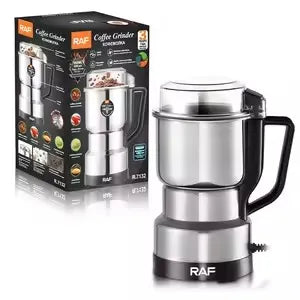 RAF Mini Electric Grinder machine for coffee beans and spices in stainless steel.