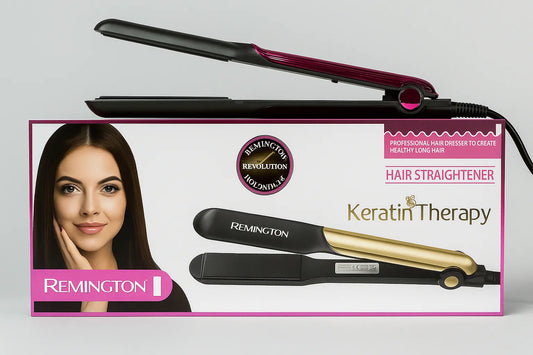 Remington Keratin Therapy Hair Straightener with ceramic plates in pink and black design.