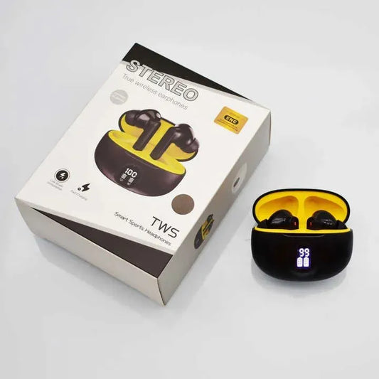 TWS wireless earbuds with LED display charging case featuring ENC noise cancellation, Bluetooth 5.3, and HiFi stereo sound for crystal clear audio experience.