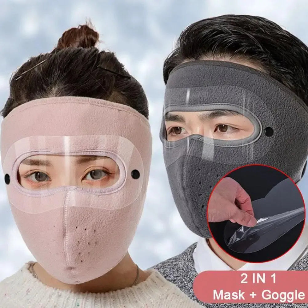 Winter windproof full face mask with anti-fog goggles for cycling and skiing.