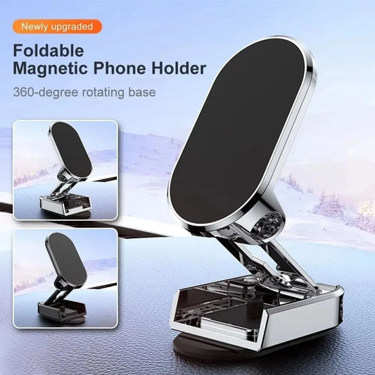 Magnetic car phone holder with strong magnet mount, 360-degree rotation, and universal compatibility for all smartphones.