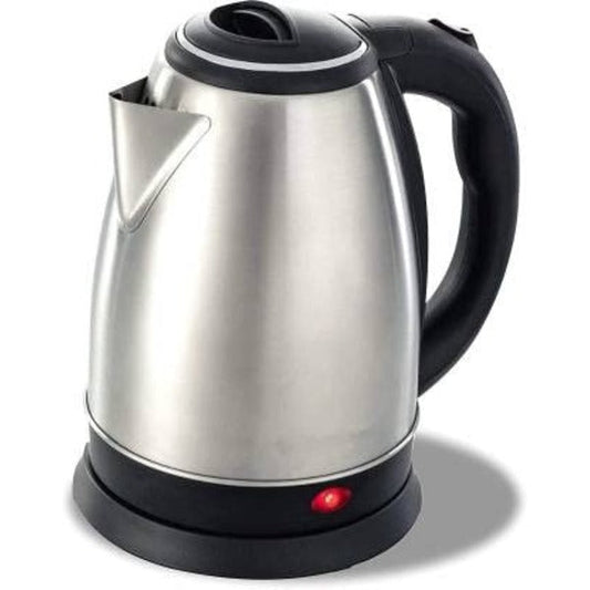 Stainless steel electric kettle with digital display on kitchen counter.
