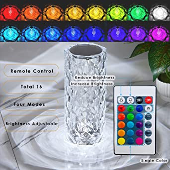 16 Colors Diamond Rose Crystal Touch Lamp Bedside Acrylic Usb Rechargeable Table Lamp - awanix.pk