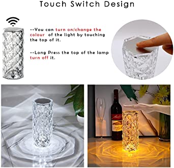 16 Colors Diamond Rose Crystal Touch Lamp Bedside Acrylic Usb Rechargeable Table Lamp - awanix.pk