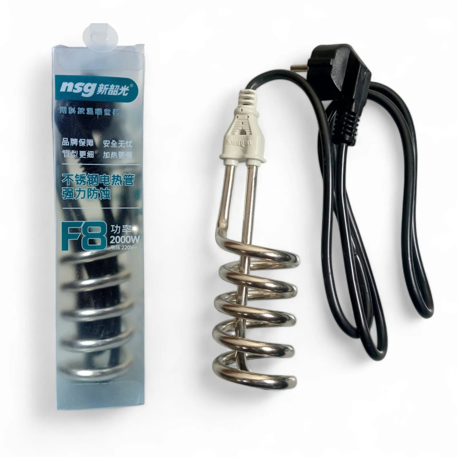 NSG F8 2000W stainless steel electric heating rod for water heating.