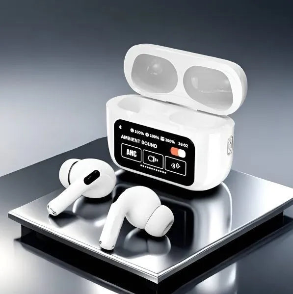 A9 Pro 2 wireless earbuds with LCD touchscreen display featuring Bluetooth 5.3, active noise cancellation, and 32-hour battery life for iOS and Android devices.