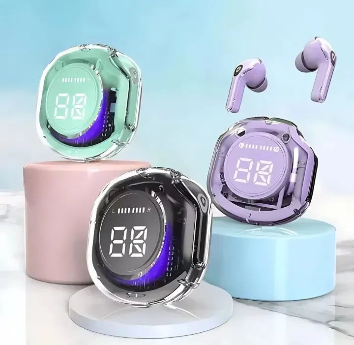 Air 39 transparent wireless earbuds with LED display charging case featuring Bluetooth 5.3, 24-hour battery life, and IPX5 waterproof rating for music and calls.