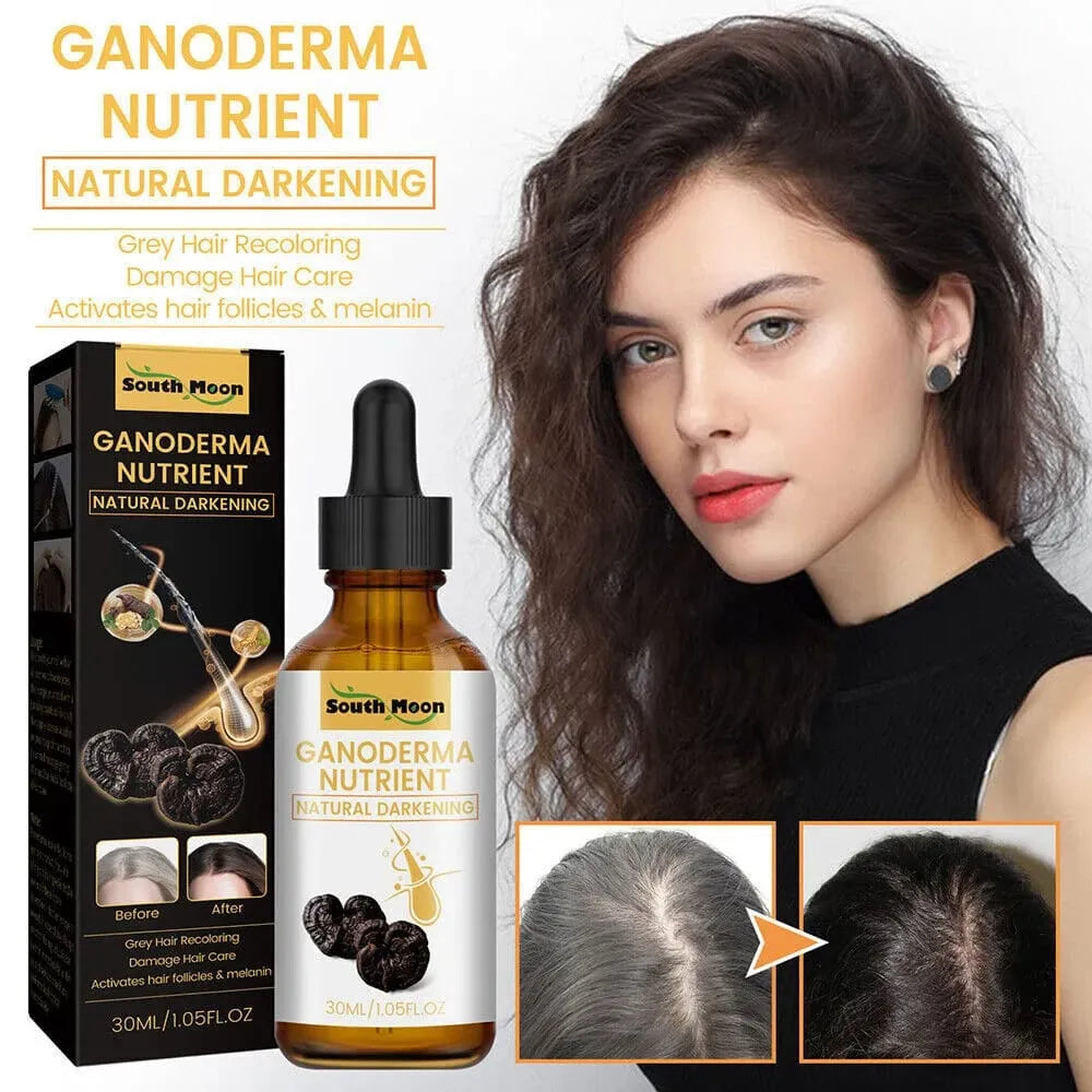 Anti Grey Hair Serum bottle with natural ingredients for hair darkening treatment.
