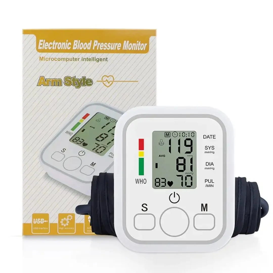 Digital blood pressure monitor with upper arm cuff and clear display screen.