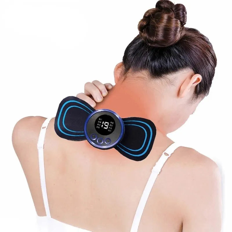 Blue EMS mini electric massager for neck and back pain relief.

