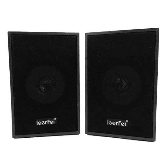 Black Leerfei E-1077 mini digital USB speaker on white background.