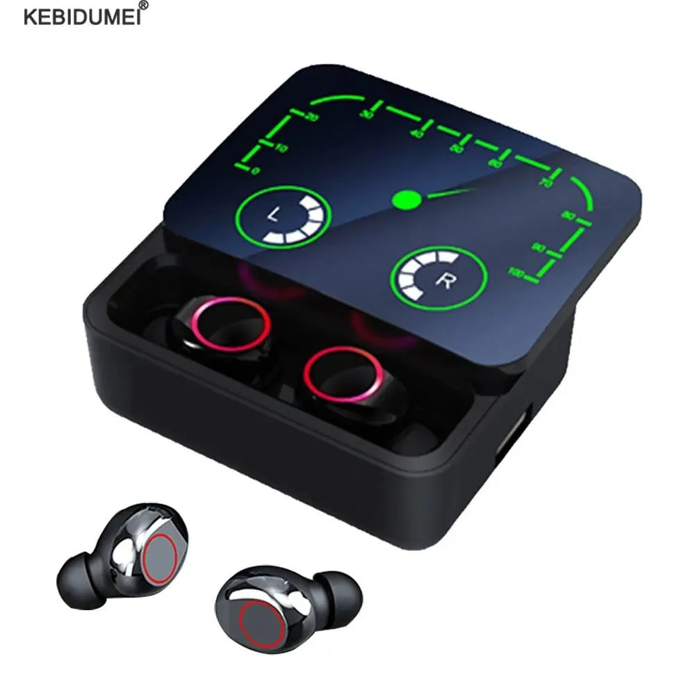 M90 Max TWS wireless Bluetooth earbuds with 1200mAh charging case featuring Hi-Fi stereo sound, Bluetooth 5.3 technology, and 40-hour battery life.
