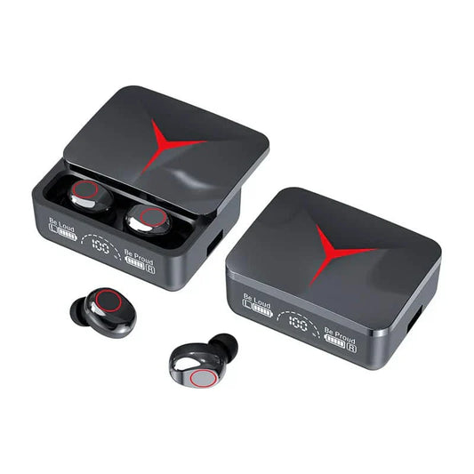M90 Pro TWS wireless earbuds with charging case and LED lights.