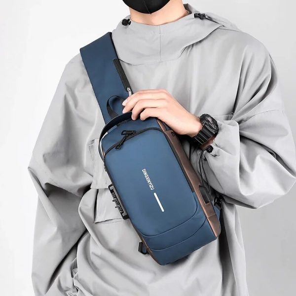 Men's anti-theft crossbody sling bag with USB charging port, combination lock, and multiple compartments for gym and travel.