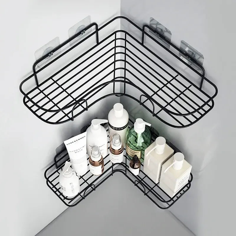 Metal corner shelf rack for bathroom wall mount storage organization with waterproof design.