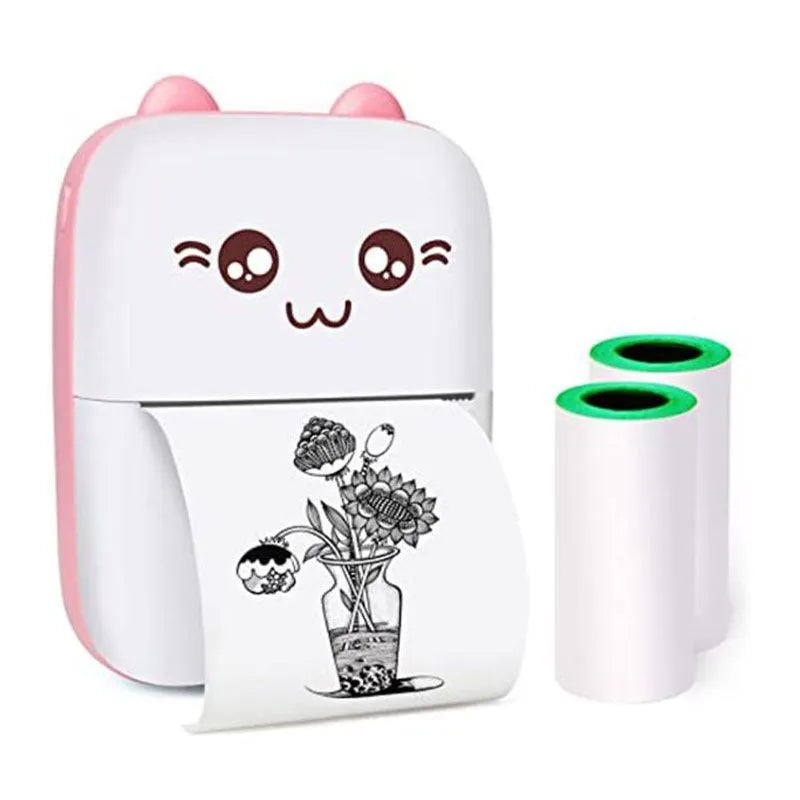 White portable mini thermal printer with mobile app connection on desk.