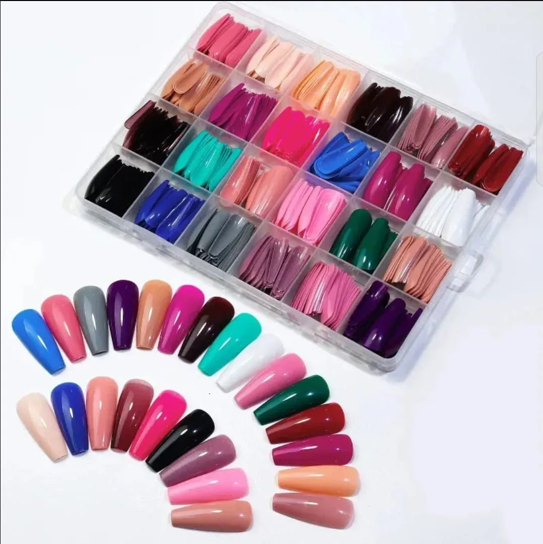 Rare & Serendipity nail tips 576 pieces box with multiple shapes and included glue for professional nail applications.