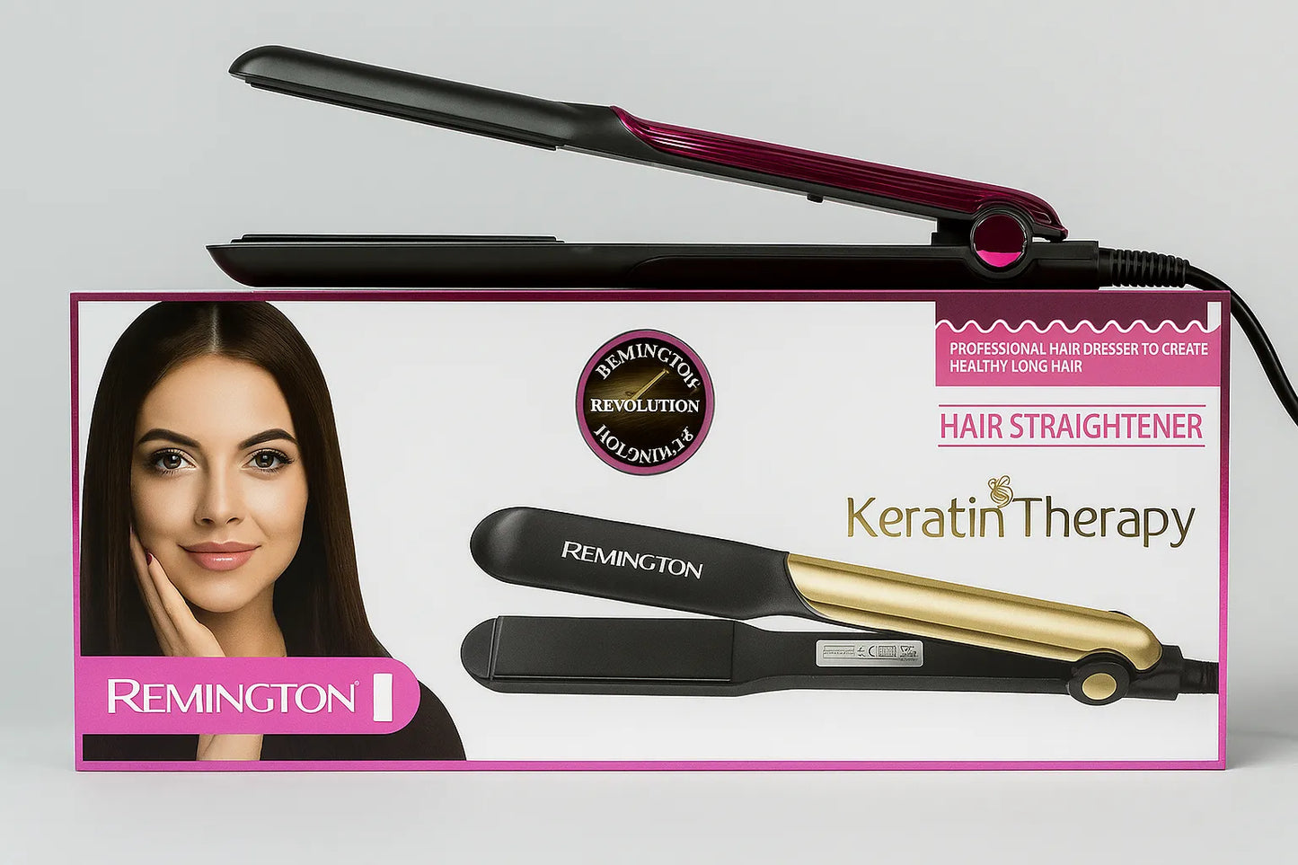 Remington Keratin Therapy Hair Straightener with ceramic plates in pink and black design.

