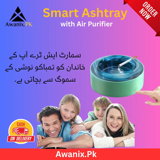 Smart ashtray with air purifier and carbon filter for smokeless cigarette odor elimination in home and car.
