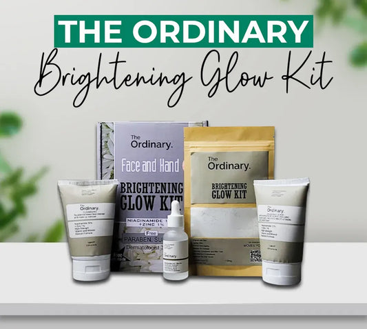 The Ordinary Glow Kit skincare set with niacinamide products for face and hands.