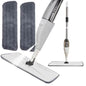 Water spray mop with 360-degree microfiber head and refillable bottle for efficient floor cleaning on all surfaces.