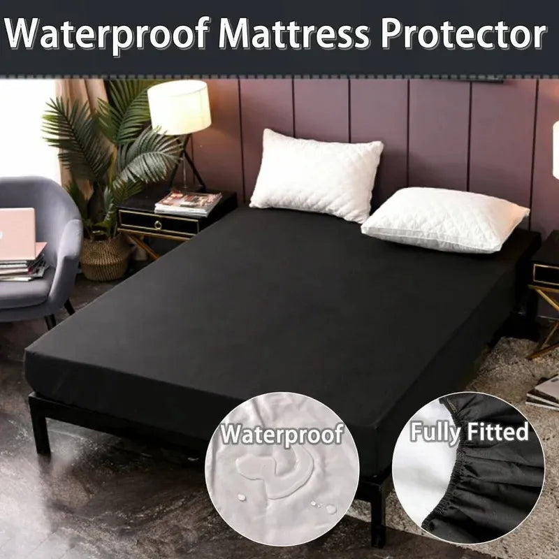 Waterproof mattress protector with elastic edges on a bed.
