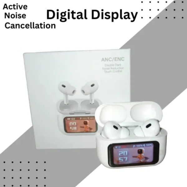 Slide 0 Slide 1 Slide 2 Slide 3 Slide 4 Slide 5 Airpods Pro With Digital Display – Anc And Transparency- Touch Volume Control – Digital Screen – Smooth Display Earphone - awanix.pk